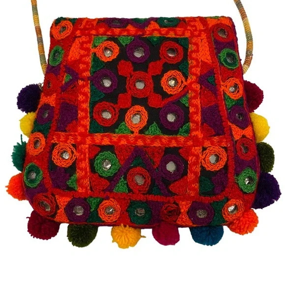 Embroidered Mini Bag Pom Pom Multicolored Shoulder Bag - Picture 3 of 10
